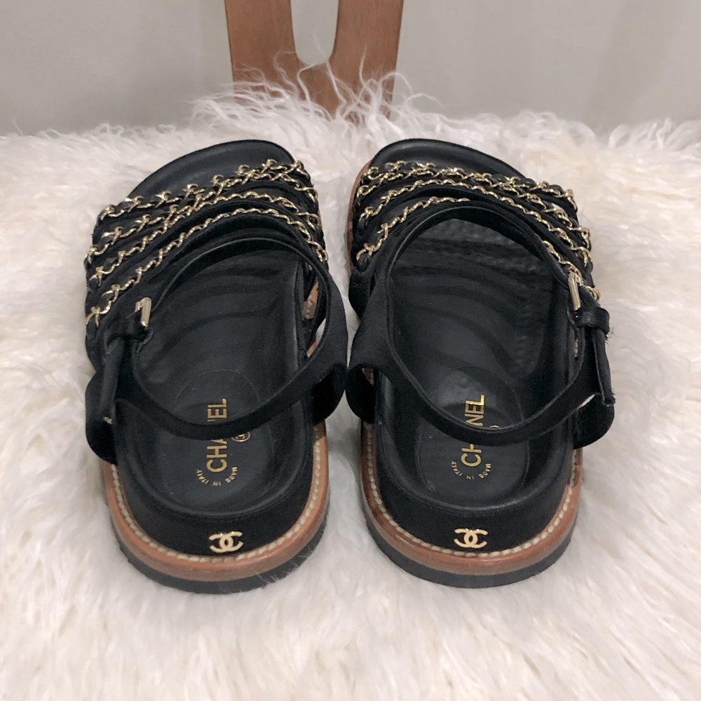 CHANEL Black leather and Satin with Gold Chain Sandals - Picture 5 of 10